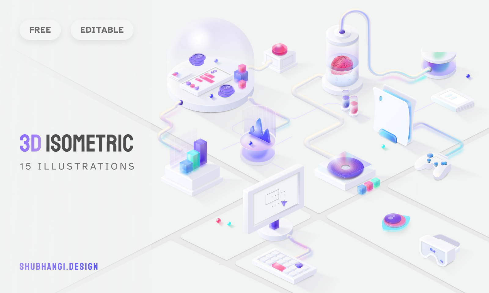 3D isometric illustration set — 15 frosted-glass objects on white pedestals connected by glossy pastel tubes